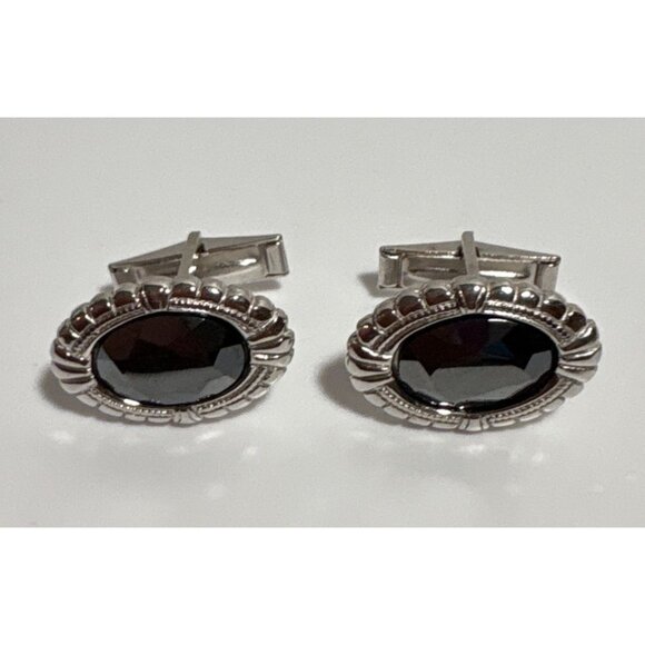 Vintage Silver Tone Black Onyx Cufflinks Oval Fathers Day Intricate Details - Picture 4 of 5